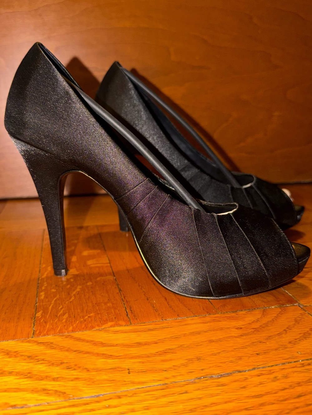 Black Satin Peep-Toe High Heels